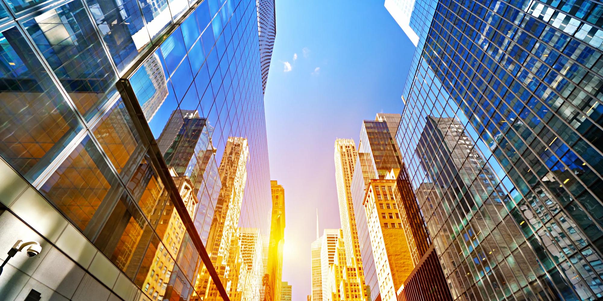 low angle of a city skyline at sunrise