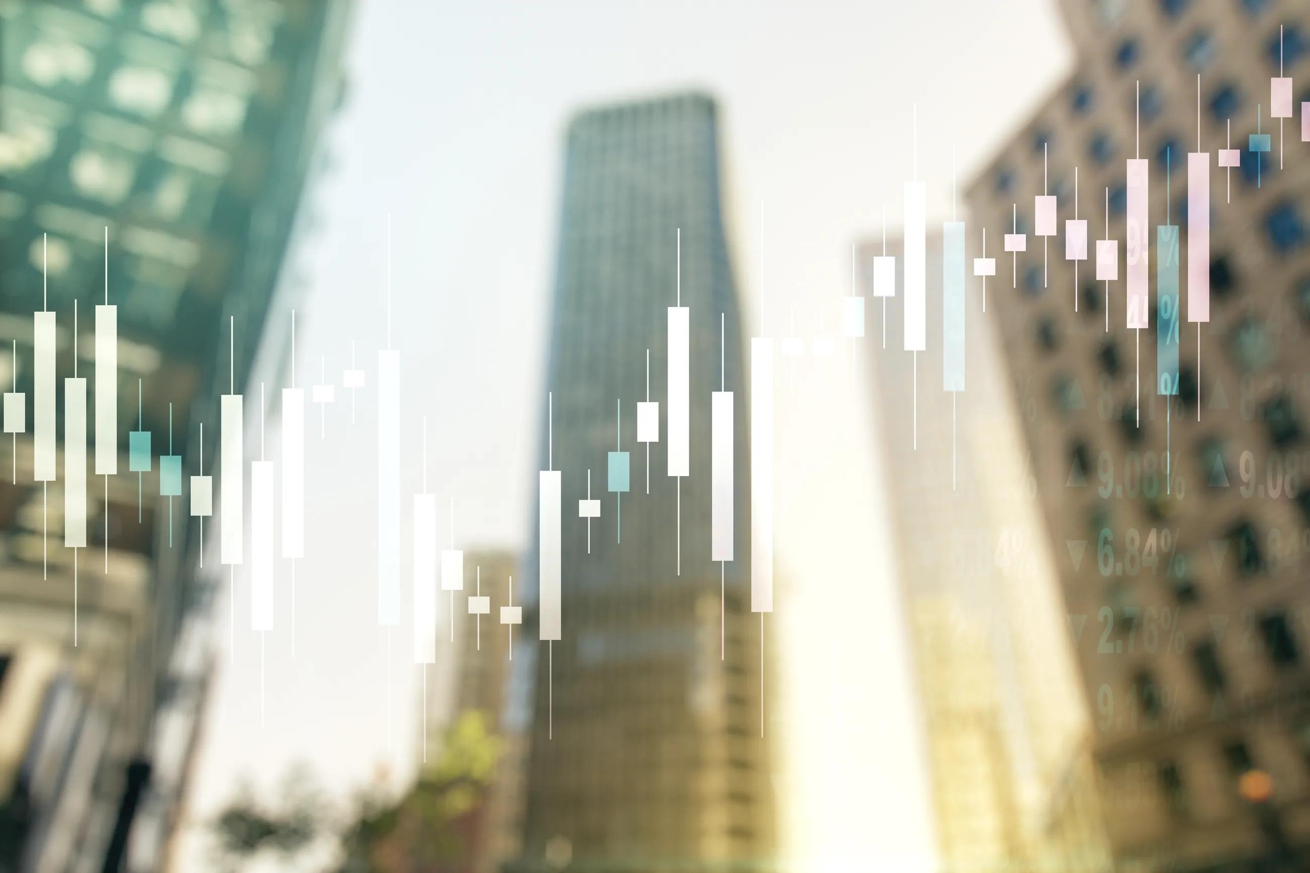 Multi exposure of abstract financial chart on office buildings