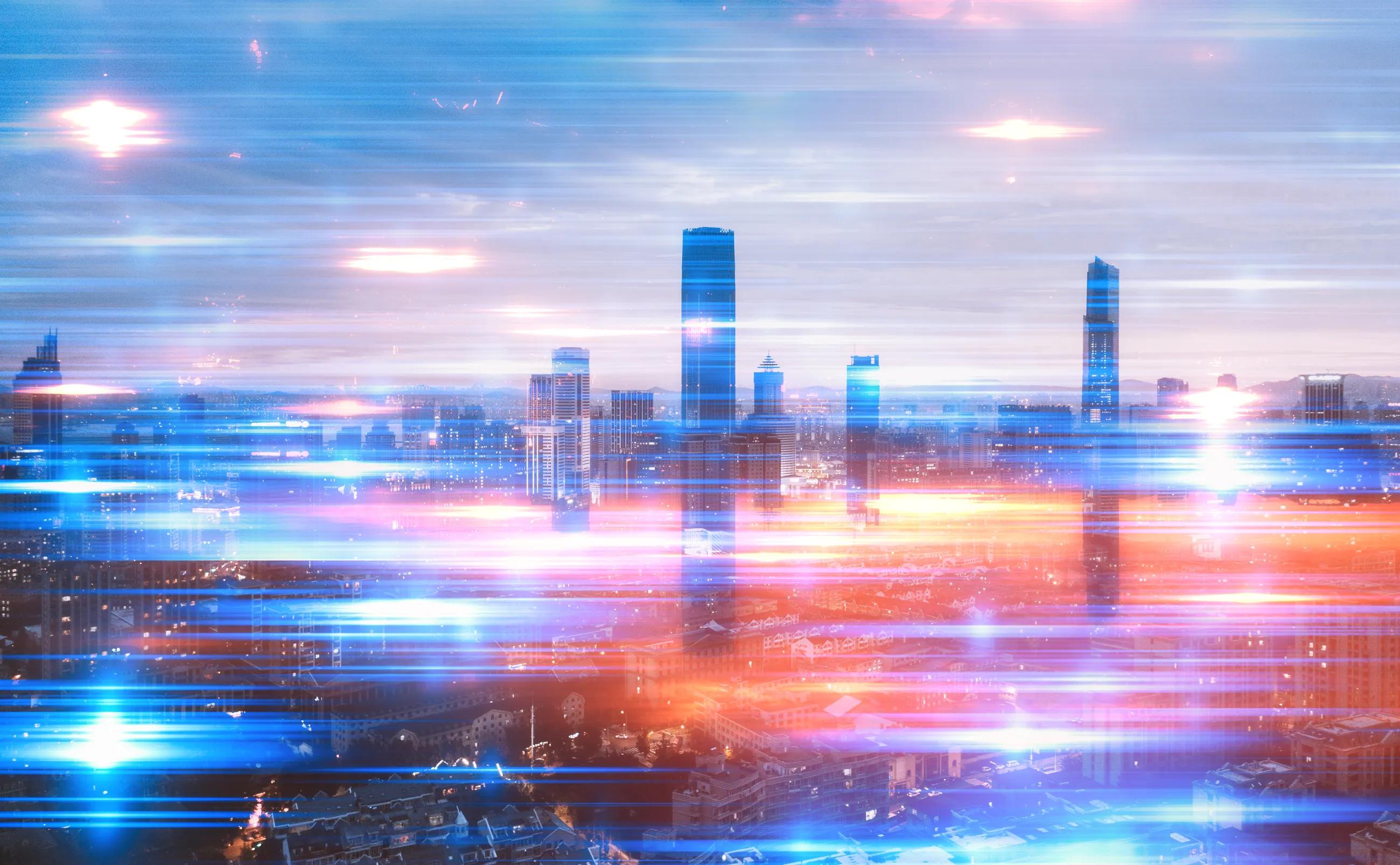 a city sunrise on a misty morning