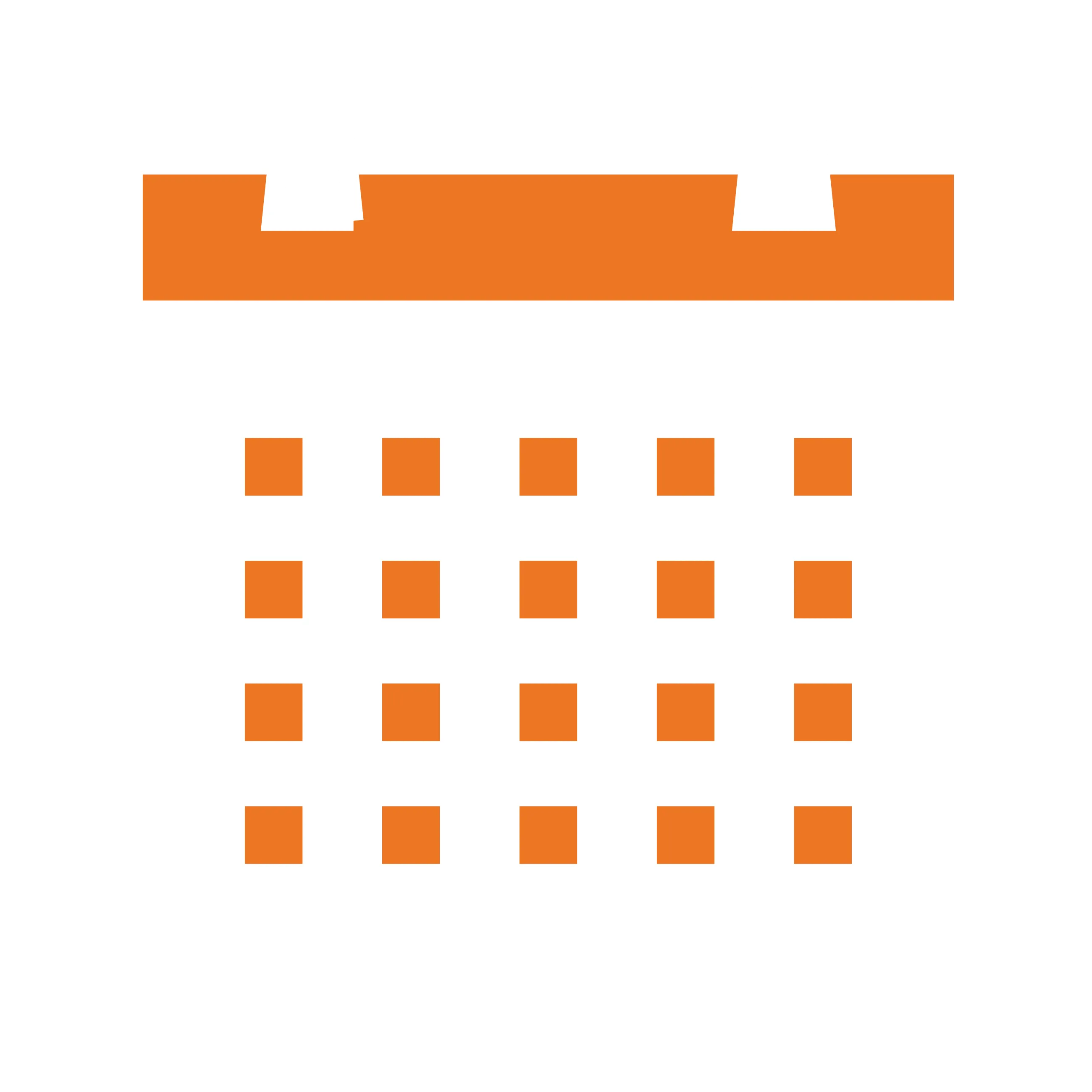 A simple calendar icon with a black background, featuring an orange top and a grid of orange squares representing days.