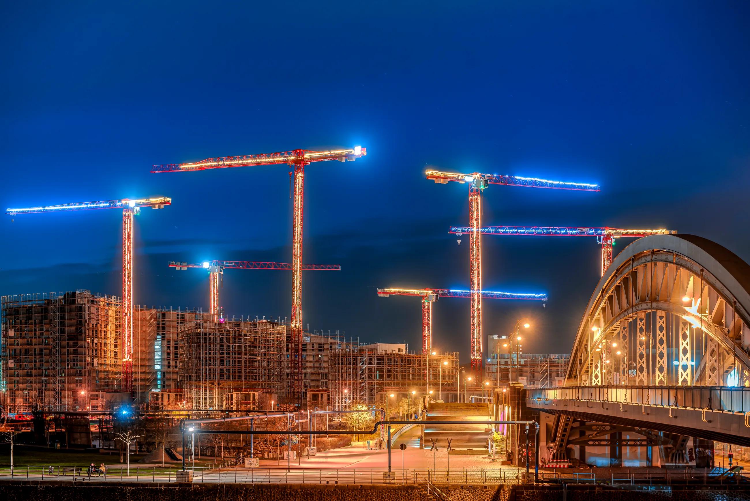 construction site in evening with lots of lights
