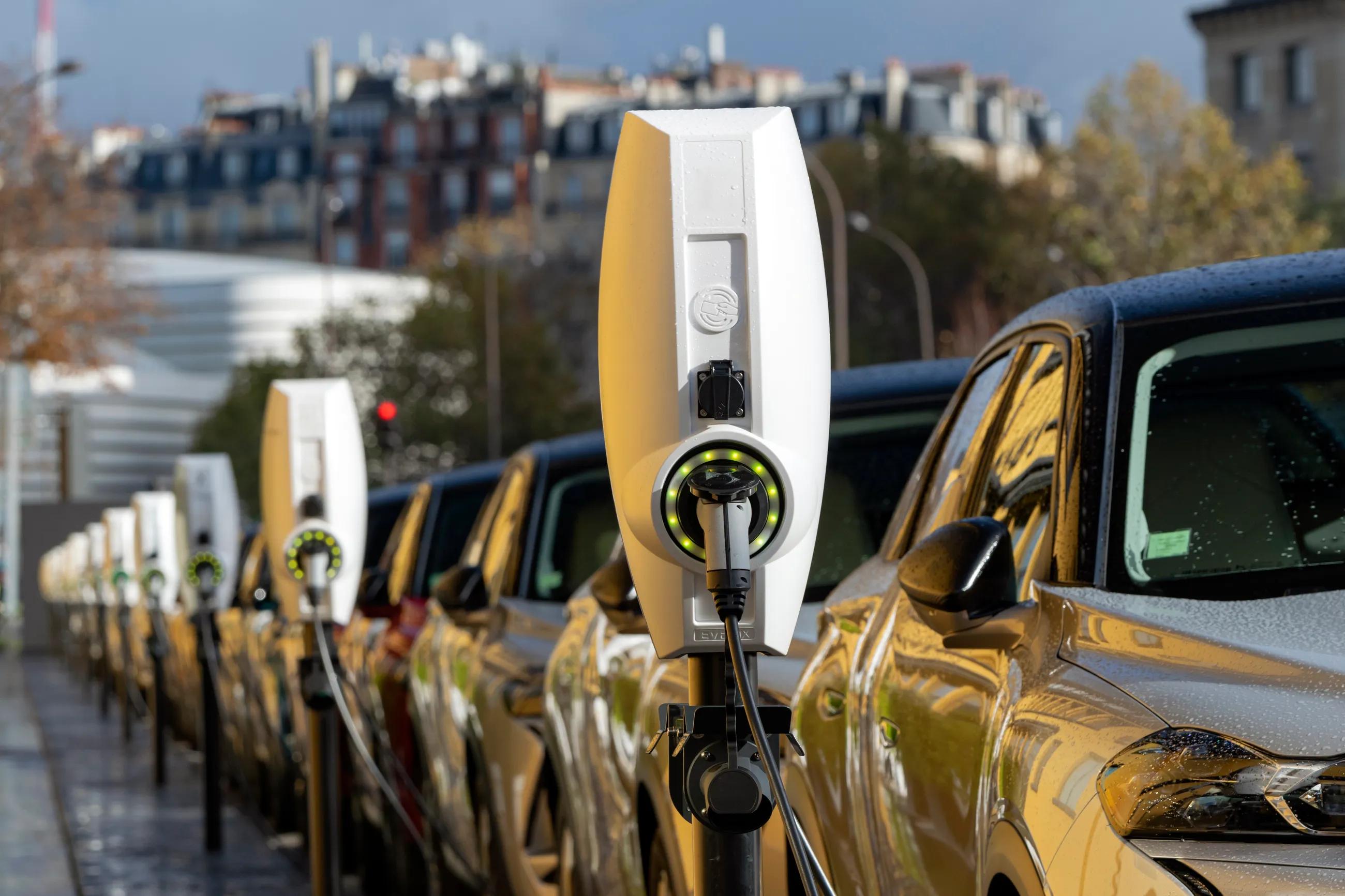 Public charging points in a row on the street.