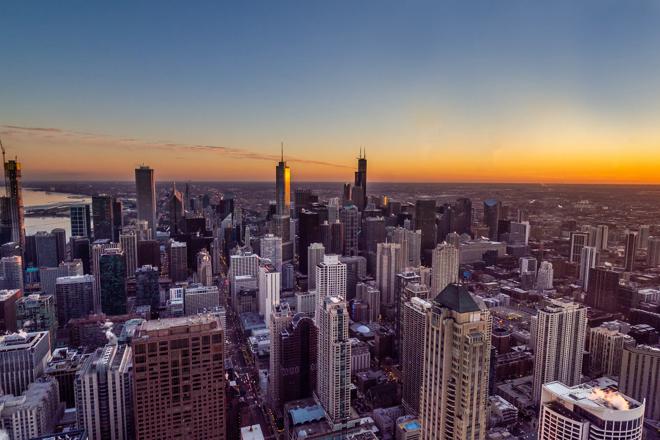chicago skyline during sunrise