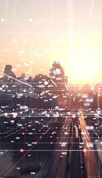 Skyline during sunset with technology web overlay