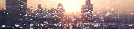 Skyline during sunset with technology web overlay